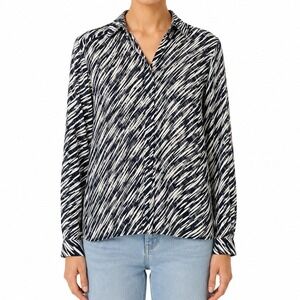 VTG 90s JAEGER London UK Made Sheer Cotton Navy Zebra Print Shirt Sz 36
